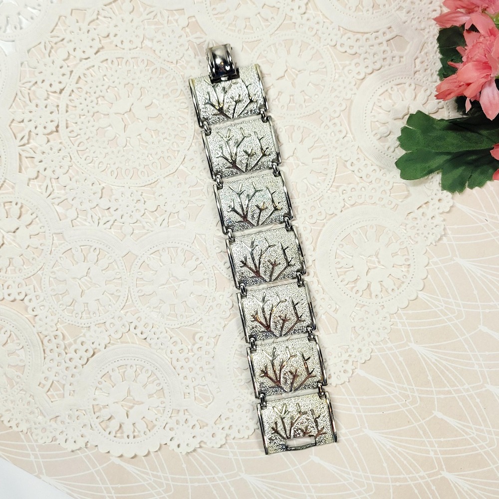 Vintage Coro Silver Tone Panel Bracelet Textured Branch Link Bracelet Signed - Picture 6 of 9